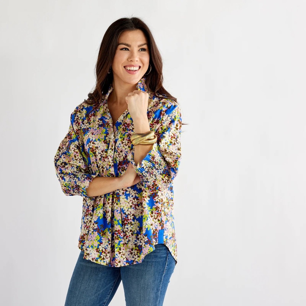 Caryn Lawn Kimberly Top Women L Blue Floral Smocked Cuff Button Up Ruffle Collar